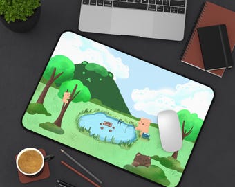 Alfombrilla de ratón con diseño de oso kawaii / Alfombrilla de escritorio con escena de naturaleza adorable / Alfombrilla de ratón para juegos con diseño de estanque de osos / Accesorios de escritorio estéticos / Regalo para amantes de los osos