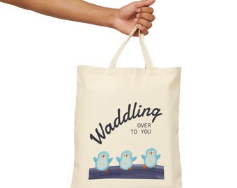 Waddling Over To You Tote Bag, Cute Penguin Canvas Market Tote, Aesthetic Animal Illustration Book Bag, Reusable Grocery Bag, Eco Friendly