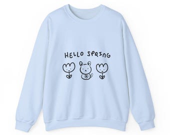 Hello Spring Bunny Sweatshirt, Cute Hand Drawn Tulips Crewneck, Whimsical Floral Animal Illustration, Aesthetic Spring Pullover