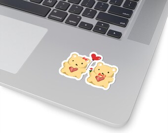 Hand Drawn Bear Duo Sticker, Heart Balloon Kiss-Cut Decal, Romantic Illustration