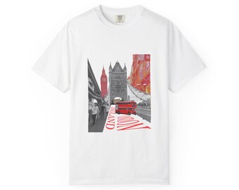 London England Collage T-Shirt | Tower Bridge Red Bus Big Ben Grafik, ästhetisches britisches Reise-Souvenir, Sommeroberteil des britischen Kulturerbes
