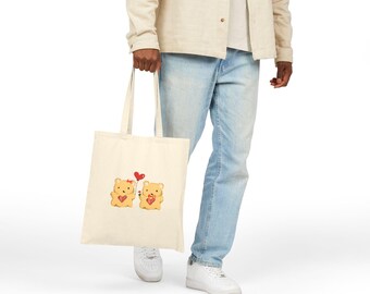 Bear Duo Tote Bag, Hand Drawn Heart Illustration Canvas Market Bag