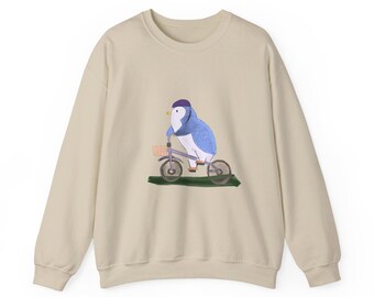 Blue Puffin Bicycle Crewneck, Whimsical Hand-Painted Illustration Pullover
