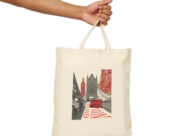 London England Cotton Canvas Tote Bag | Vintage Cityscape Souvenir, Aesthetic British Travel Gift, Retro London Skyline Market Bag