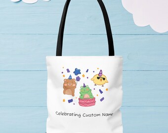 Personalized Birthday Tote Bag, Custom Name Cute Animal Party Gift, Whimsical Frog Bear Chick Canvas Tote, Kawaii Celebration Gift Bag