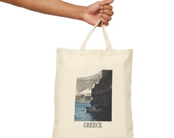 Greece Coastal Photo Tote Bag | Mediterranean Boat Cliff Beach