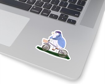 Penguin Riding Bicycle Sticker, Whimsical Watercolor Animal Art, Vintage Picnic Decal