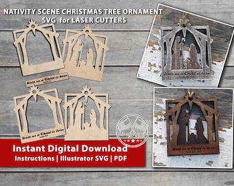 May include: Four laser cut wooden ornaments depicting the nativity scene. The ornaments are in the shape of a stable with a star on top. The ornaments are brown and have the text "Unto us a Child is born, Isaiah 9:6" on them.