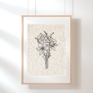 May include: A black and white line drawing of a bouquet of daffodils on a background of handwritten text.