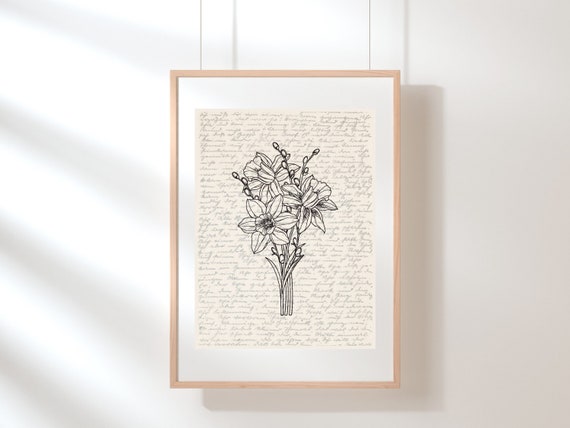 Jonquil Wall Art | March Birth Flower Poster | Floral Illustration | Sketch | Wildflower Print | Digital Floral Art | Botanical Print