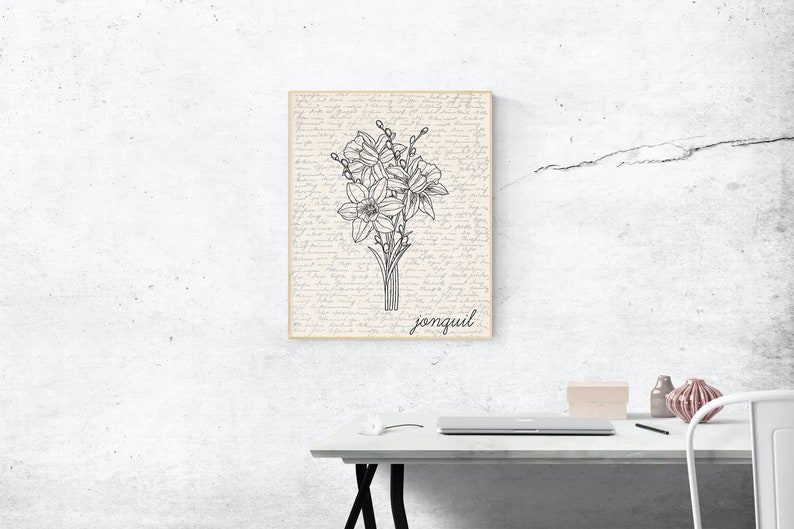 May include: A black and white line drawing of a bouquet of jonquils on a cream background with a handwritten script background. The word "jonquil" is written in black at the bottom of the image.