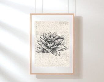Arte de la pared de loto / Arte de impresión de flores / Arte de pared floral / Impresión de flores silvestres / Cartel de loto / Cartel de flores / Impresión botánica / Boceto / Digital