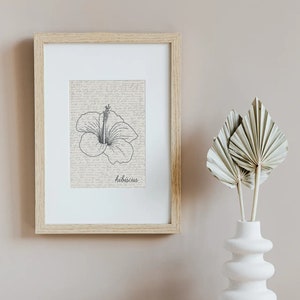 Puede incluir: Una impresi&oacute;n bot&aacute;nica enmarcada con una ilustraci&oacute;n de flor de hibisco en blanco y negro y la palabra "hibiscus". La impresi&oacute;n est&aacute; en un marco de madera clara. Un jarr&oacute;n blanco con hojas de palma secas est&aacute; al lado del marco.