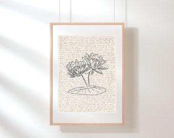 Grafika ścienna z lilią wodną | Plakat z okazji narodzin lipca | Wydruk botaniczny | Ilustracja kwiatowa | Szkic | Cyfrowa sztuka kwiatowa | Wydruk artystyczny z dzikimi kwiatami