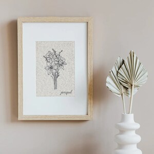May include: A framed print of a black and white line drawing of a bouquet of jonquils. The print is on a cream background with a handwritten script. The frame is light wood and the print is hanging on a light beige wall.