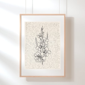 May include: A black and white line drawing of a flower on a background of handwritten text. The flower is a gladiolus with multiple blooms.