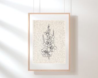 Arte da parete Gladiolo / Arte da parete floreale / Stampa di fiori selvatici / Fiore di nascita di agosto / Illustrazione di fiori / Schizzo / Arte floreale digitale / Agosto