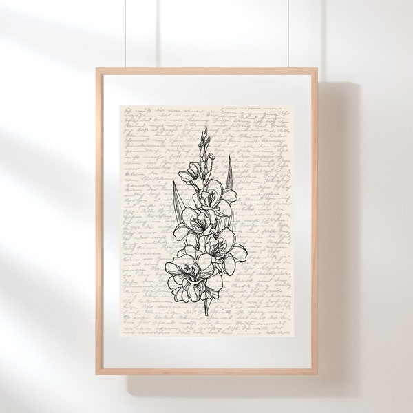 Gladiolus Wall Art | Floral Wall Art | Wildflower Print | August Birth Flower | Flower Illustration | Sketch | Digital Floral Art | August