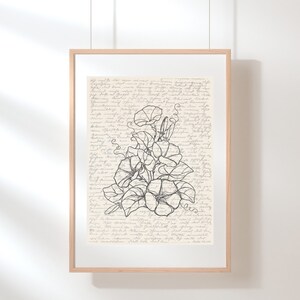 Könnte beinhalten: Eine Schwarzweiß-Zeichnung einer Gruppe von Windenblumen auf einem Vintage-Hintergrund mit handschriftlichem Text.