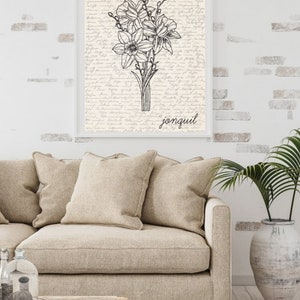 May include: A black and white line drawing of a bouquet of jonquils on a background of handwritten text. The text at the bottom of the image reads "jonquil".