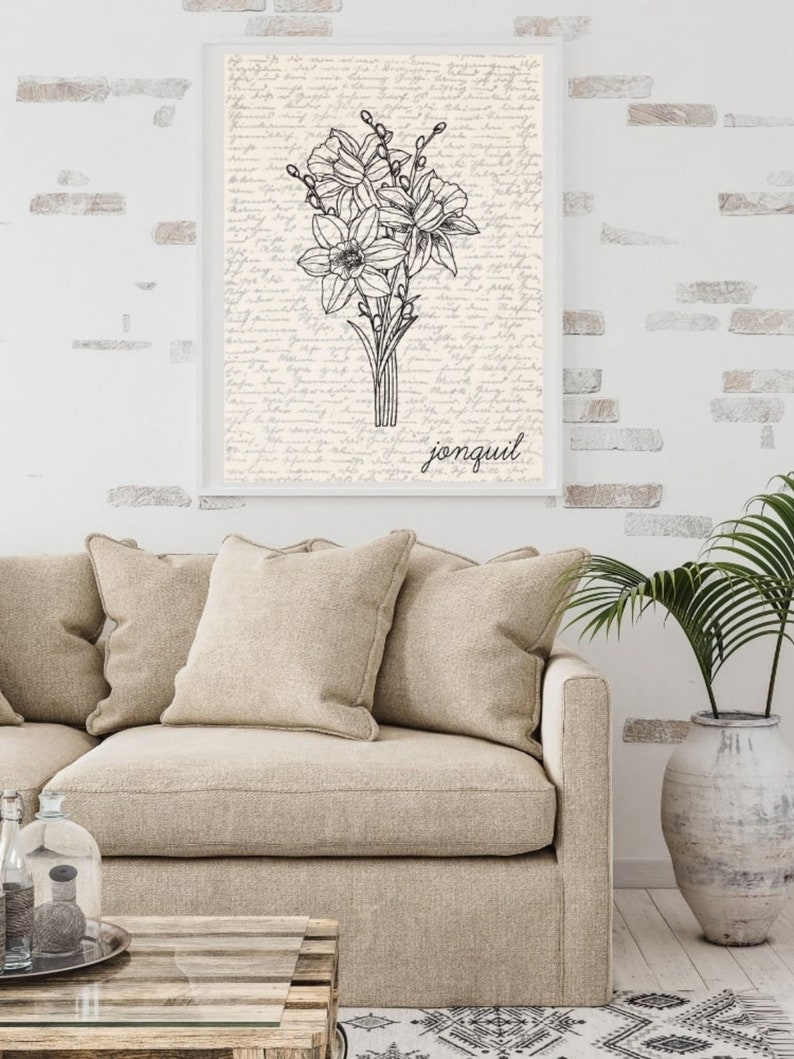 May include: A black and white line drawing of a bouquet of jonquils on a background of handwritten text. The text at the bottom of the image reads "jonquil".