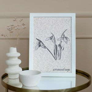 K&ouml;nnte beinhalten: Ein wei&szlig;er gerahmter Druck mit einer Schwarzwei&szlig;illustration von Schneegl&ouml;ckchen auf einem Hintergrund aus handschriftlichem Text. Der Text am unteren Rand des Drucks lautet "snowdrop".