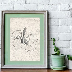 Puede incluir: Impresi&oacute;n art&iacute;stica enmarcada con una ilustraci&oacute;n de flor de hibisco en blanco y negro. La obra de arte est&aacute; sobre un fondo de escritura manuscrita y enmarcada en un marco plateado con un passe-partout verde. La impresi&oacute;n se muestra sobre una superficie de madera.