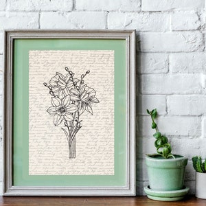 May include: A framed black and white line drawing of a bouquet of daffodils on a cream background with a green mat. The background is covered in a pattern of handwritten text.