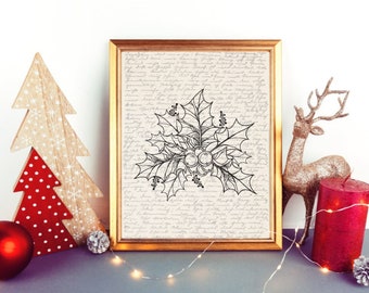 Holly Wall Art | December Birth Flower | Tree Illustration | Botanical Poster | Digital Tree Print | Holly Tree Art | December Holly Print