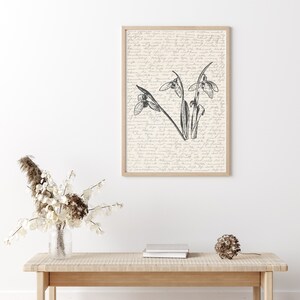 K&ouml;nnte beinhalten: Eine gerahmte Schwarzwei&szlig;illustration von Schneegl&ouml;ckchen auf cremefarbenem Hintergrund mit handschriftlichem Text. Der Rahmen ist aus hellem Holz und das Bild h&auml;ngt an einer wei&szlig;en Wand.