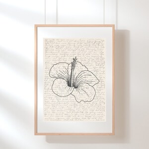 Puede incluir: Impresi&oacute;n art&iacute;stica enmarcada con una ilustraci&oacute;n de flor de hibisco en blanco y negro. La flor est&aacute; centrada sobre un fondo crema lleno de escritura manuscrita. La obra de arte est&aacute; encerrada en un marco de madera marr&oacute;n claro.