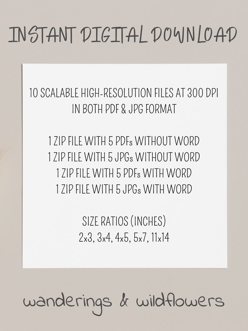 Puede incluir: Un gr&aacute;fico de descarga digital con el texto "INSTANT DIGITAL DOWNLOAD". La imagen enumera 10 archivos escalables de alta resoluci&oacute;n en formatos PDF y JPG, con proporciones de tama&ntilde;o en pulgadas: 2x3, 3x4, 4x5, 5x7 y 11x14. La marca "wanderings & wildflowers" est&aacute; en la parte inferior.