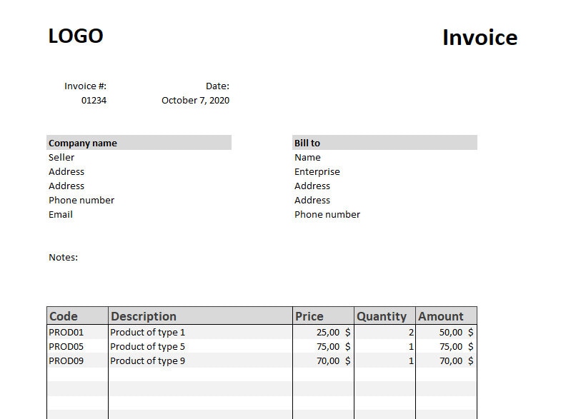 Excel Invoice Model In English Etsy