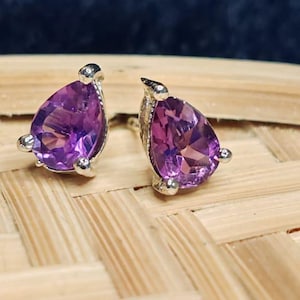 Pear Amethyst Studs | Silver Amethyst Studs | Earrings Amethyst Silver | 925 Earings | Amethyst purple Earrings | Earrings Push Back