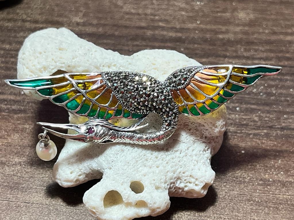 Vintage Rhinestone Brooch Crane Bird with Faux Pearl