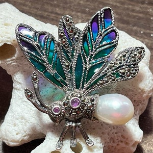Enamel Bee Pin | Sterling Sliver Bee Broach | Jour e Enamel | CZ Pearl Garnet & Amethyst Bee Pin | Bee Broach | Vintage Pin | Emanel Jewelry