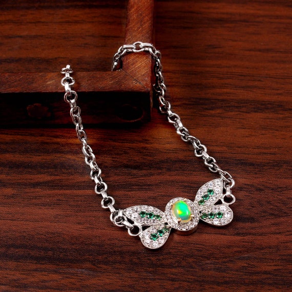 Welo Fire Opal Bracelet Green Butterfly Bracelet Natural Ethiopian Blue  Opal Adjustable Bracelet Dainty Bracelet Gift For Her