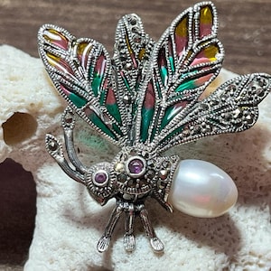 Amazing Solid Silver Bee Pin With Enamel & Pearl | Brooch + Pendent |Most Vibrant Colors | Sliver 925 | Energized With High Vibrations