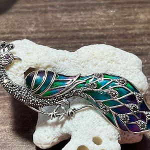 Enamel Peacock Silver Brooch | CZ Ruby Garnet Peacock | Sterling Sliver | Vintage Brooch | Vintage Silver Pin | Peacock Brooch