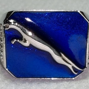 Silver Jaguar Ring | Blue Coated Silver Jaguar Encraved Ring | Animal Ring | Bold Statement Ring | Silver Jewelry With Side Stone Zircons