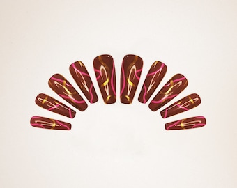 Hand painted glossy NUDE Press on nails with  bright and metallic lines / pick your nude fake nails