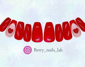 Valentine day nails - Glue On nails - Luxury Press On Nails with statement ring nail decorated with red crystals and glitter