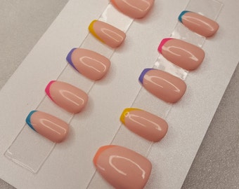 Hand painted matt or glossy NUDE Press on nails with  bright diagonal french tips / pick your nude fake nails