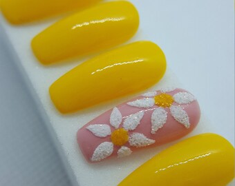 Margarita amarilla pintada a mano Presione en las uñas set - gato mamá Pegamento en las uñas - Prensa de lujo en las uñas personalizado personalizado