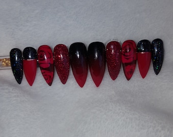 Hand Drawn red and black Press on nails set black and red roses - Glue On nails - Luxury Press On Nails sexy claws halo