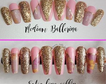 Tirada a mano mármol rosa dorado purpurina Prensa en juego de uñas - Pegamento en uñas - Luxury Press On Nails sexy ataúd bailarina uñas