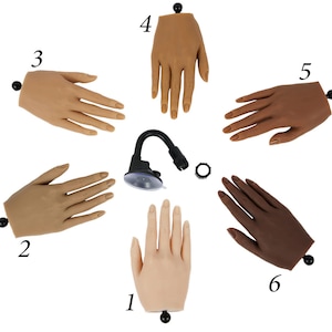 Peut inclure: Six mains d'entraînement pour la manucure, chacune avec un teint de peau différent. Les mains sont numérotées de 1 à 6 et sont disposées en cercle autour d'un support en ventouse noir.