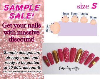 Juego de uñas postizas dibujadas a mano en dorado fucsia - Pegamento para pegar - Uñas postizas de lujo