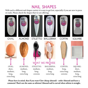 Puede incluir: Un gr&aacute;fico que muestra diferentes formas de u&ntilde;as con ilustraciones de cada forma. Las formas son ovalada, almendra, stiletto, bailarina, ata&uacute;d y cuadrada. El gr&aacute;fico tambi&eacute;n enumera las diferentes longitudes disponibles para cada forma, incluyendo corta, mediana, larga, extra larga y extrema.