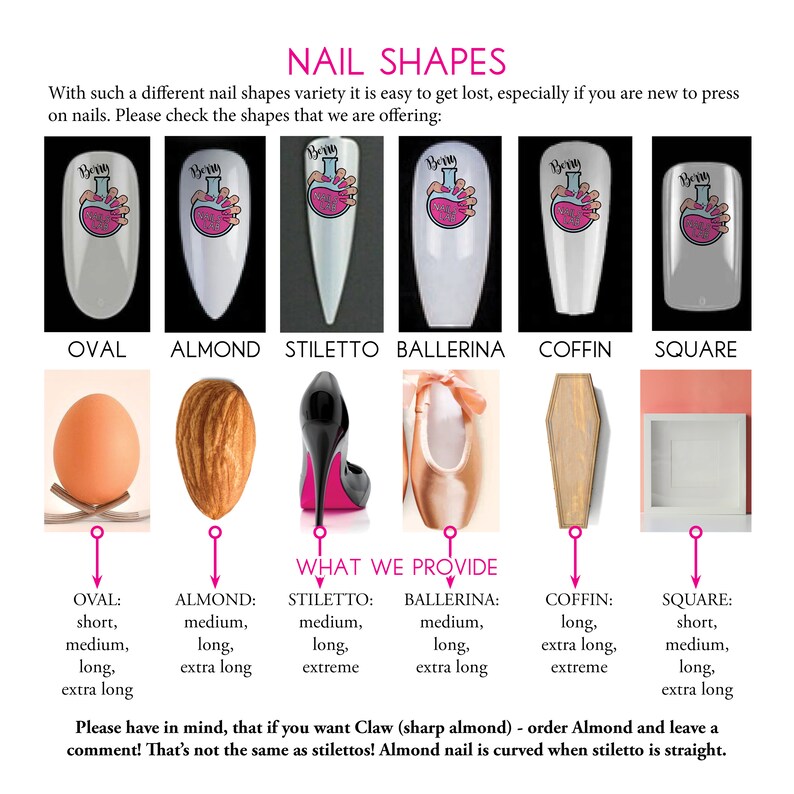 Puede incluir: Un gr&aacute;fico que muestra diferentes formas de u&ntilde;as con ilustraciones de cada forma. Las formas son ovalada, almendra, stiletto, bailarina, ata&uacute;d y cuadrada. El gr&aacute;fico tambi&eacute;n enumera las diferentes longitudes disponibles para cada forma, incluyendo corta, mediana, larga, extra larga y extrema.